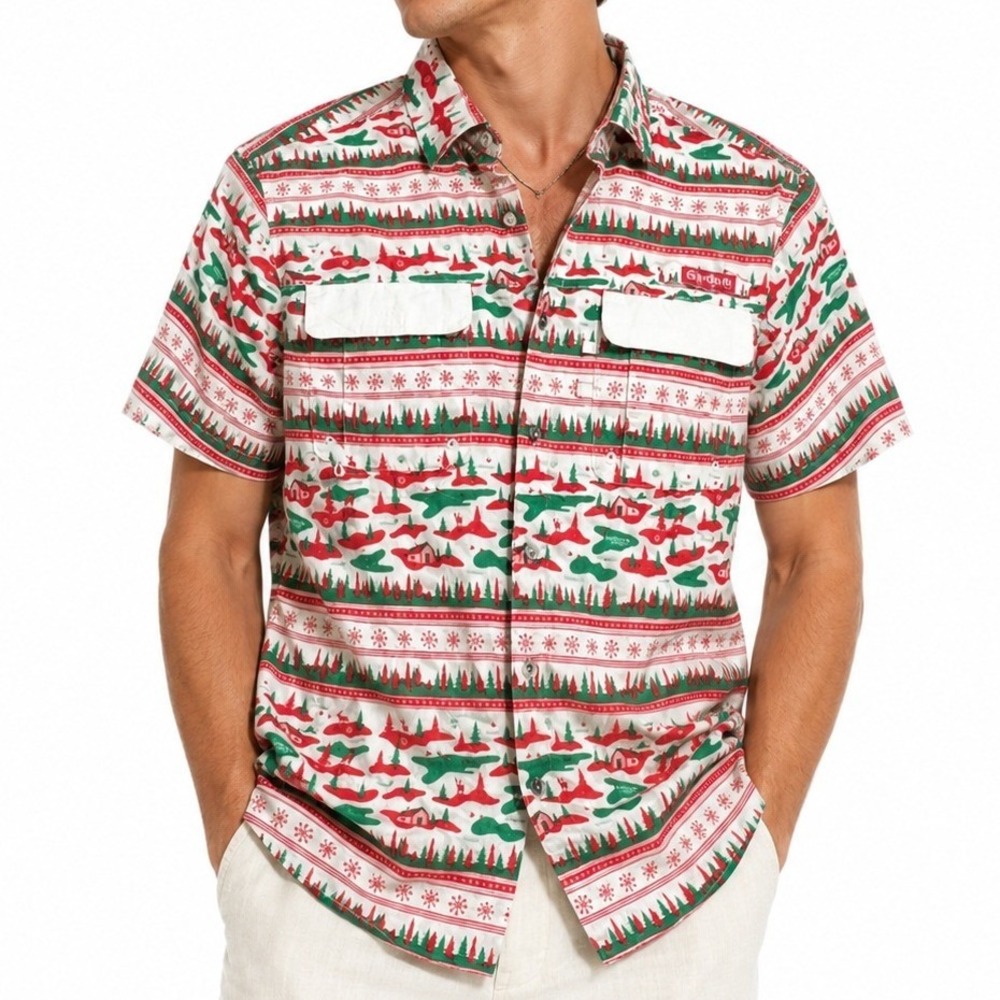 Magellan Outdoors Fishing Shirt Mens Small Red Green Christmas Cabin Fish Gear